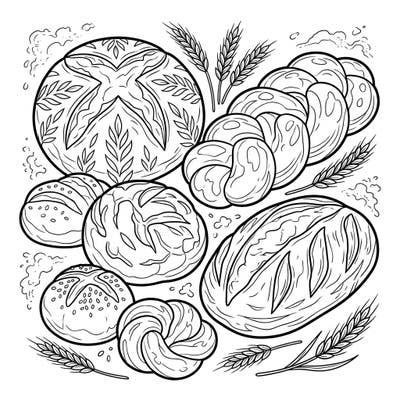 Discover a delicious assortment of freshly baked breads and savory pastries, ready for your artistic touch. This detailed coloring page invites you to bring warmth and flavor to every loaf and roll.