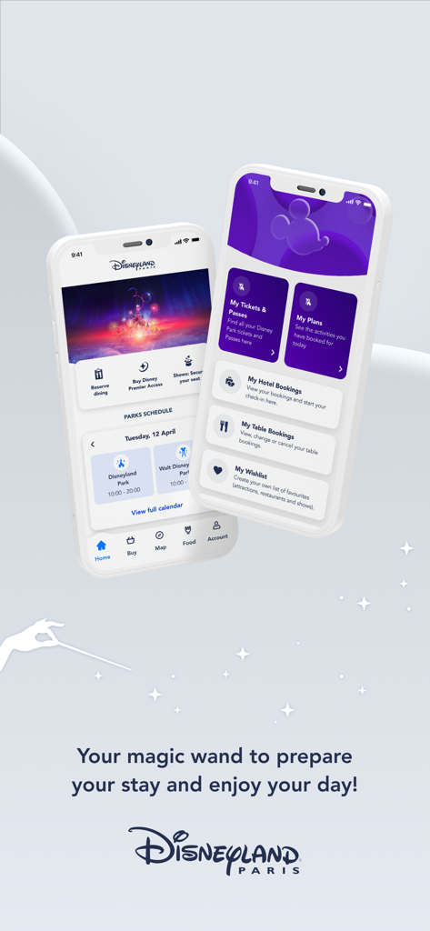Deux iPhones affichant les fonctionnalités de l'application Disneyland Paris pour les horaires des parcs et la planification des voyages