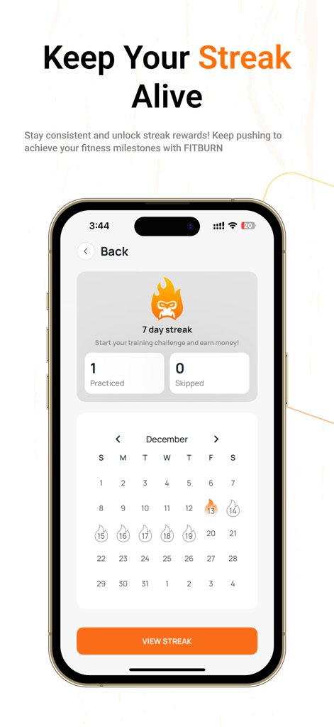 Fitburn - Fitburn app screen displaying a seven day workout streak and monthly fitness calendar