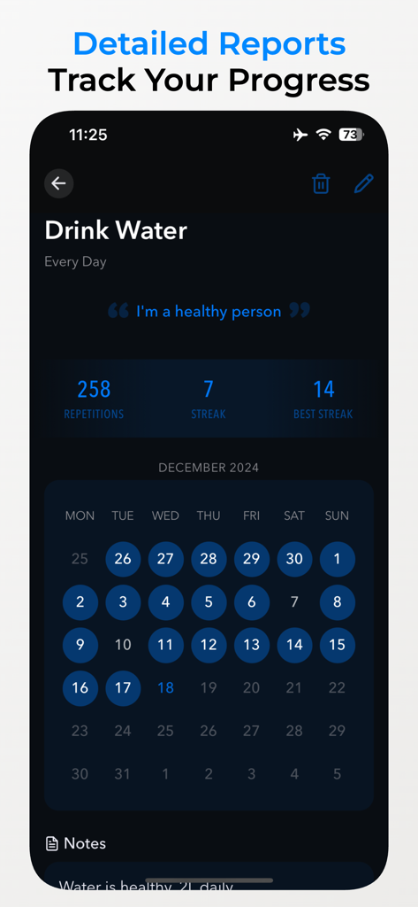 Haby habit tracker app showing detailed progress statistics and a monthly completion calendar for tracking water intake
