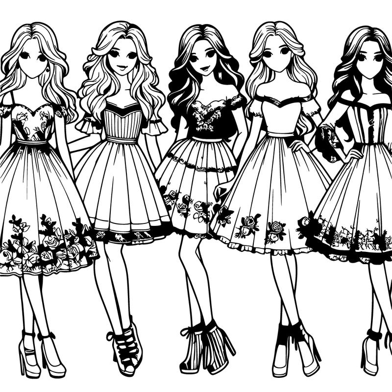 5 beautiful girls in dresses realistic