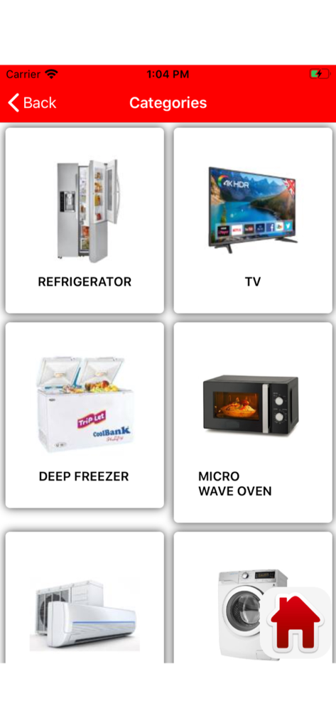 CSD Pakistan app screen showing categories for electronics including refrigerator and TV