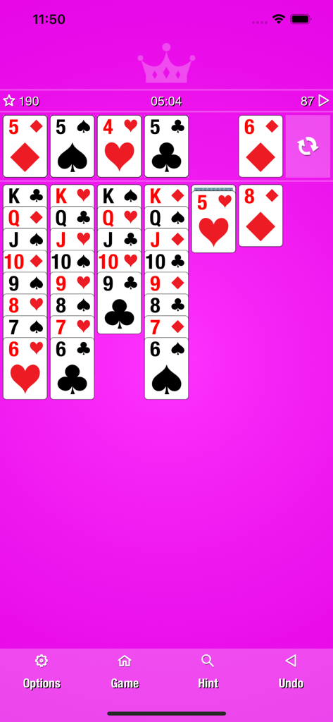 Simple Classic Solitaire - Gameplay screenshot of Simple Classic Solitaire featuring a bright pink background with traditional card stacks and a minimalist interface.