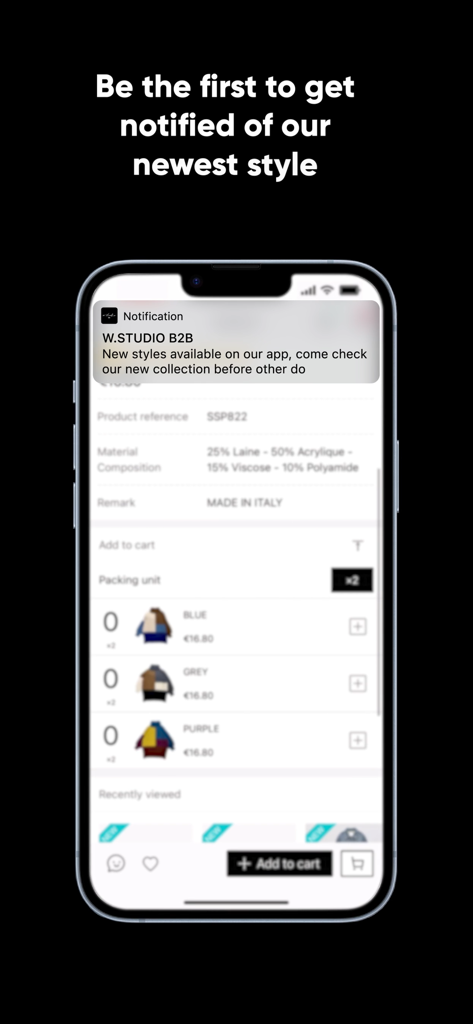 W.STUDIO B2B app notification for new fashion styles on a mobile screen