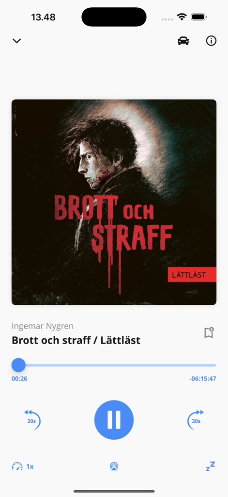 Bokon - Bokon App Hörbuch-Player-Oberfläche mit einem schwedischen Buch mit dem Titel Brott och straff.