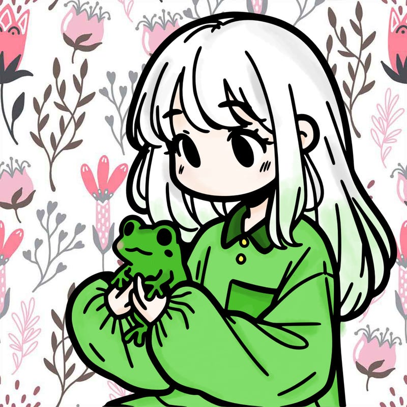 girl with long hair and a oversized shirt. and she is holding a frog