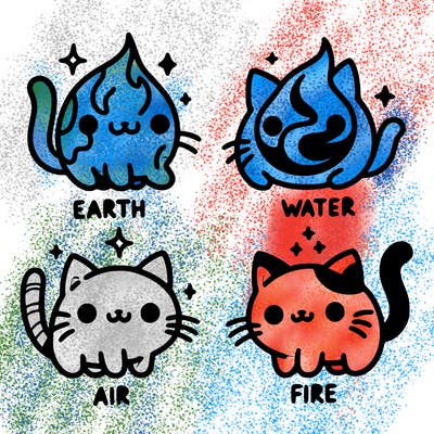 4 cats that represent the different elements, earth, water, air, and fire