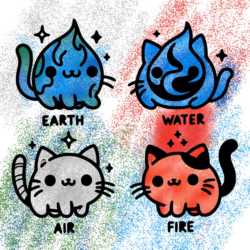 4 cats that represent the different elements, earth, water, air, and fire