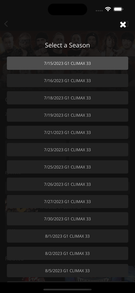 A list of dates and events for the G1 Climax 33 tournament on the NJPW WORLD app selection screen.