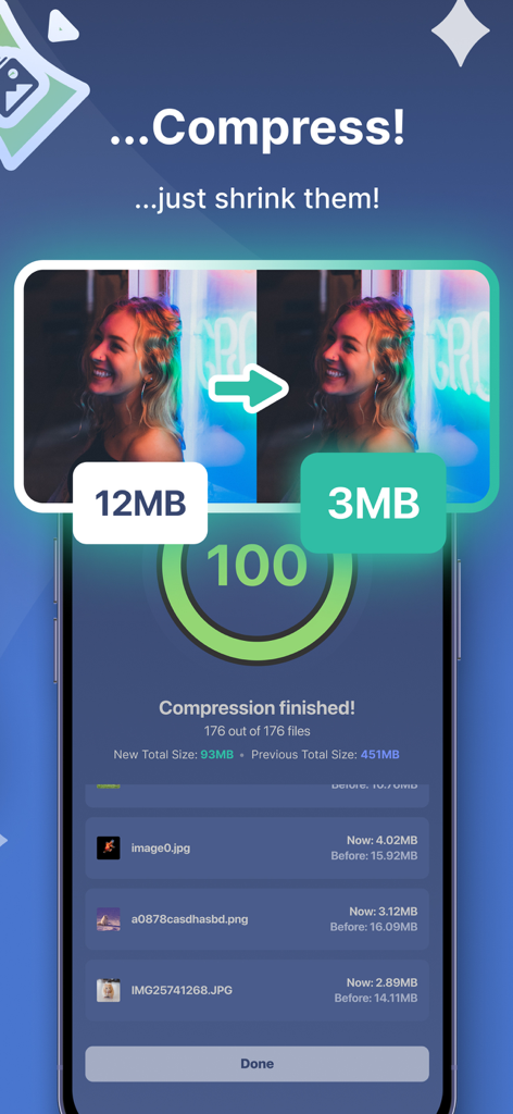 Super Smart Cleaner - Super Smart Cleaner app screen showing the photo compression feature reducing a 12MB image to 3MB.