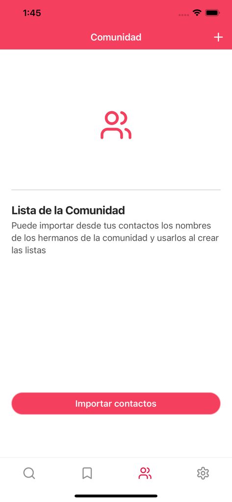Interface de l'application iResucitó pour importer les contacts des membres de la communauté afin de gérer les listes de chants liturgiques