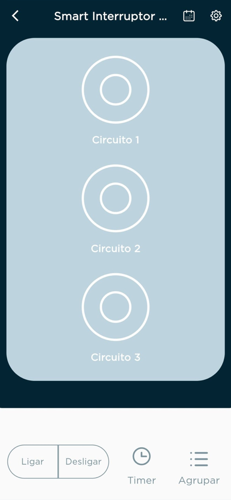Interfaz de la aplicación de hogar inteligente Positivo que muestra botones de control para tres circuitos eléctricos diferentes