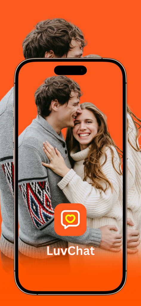 LuvChat Metrics app splash screen featuring a smiling couple on an orange background