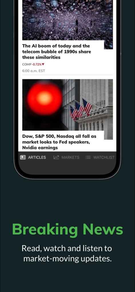 A interface do aplicativo MarketWatch exibindo notícias financeiras urgentes e atualizações de mercado.