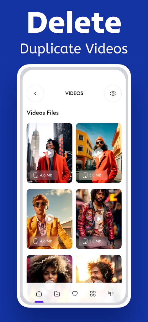 Interface do aplicativo mostrando uma galeria de vídeos duplicados com seus tamanhos de arquivo prontos para serem excluídos para limpeza de armazenamento