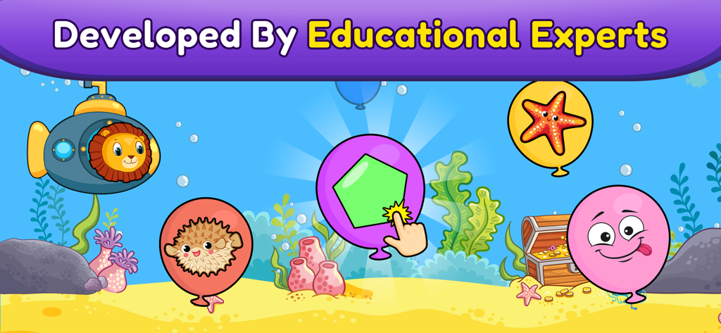 Balloon Pop Toddler Baby Game - Educational toddler game screen with an underwater theme showing balloons with animals and shapes.