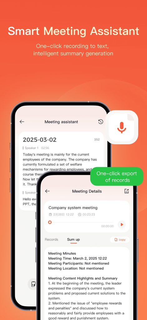 AICOOL Market - Interfaz de la aplicación AICOOL Market mostrando la función de asistente de reuniones inteligente con transcripción automática y generación de resúmenes por IA.