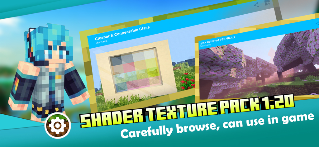 Preview of shader and texture packs for Minecraft PE 1.20 featuring anime skins and realistic lighting effects