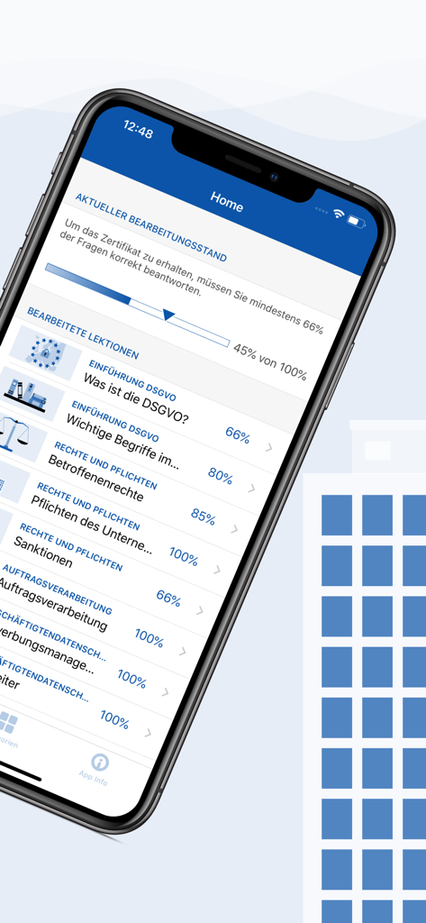 Pantalla de inicio de la aplicación Formación DSGVO que muestra el progreso del curso RGPD y las puntuaciones de las lecciones completadas.