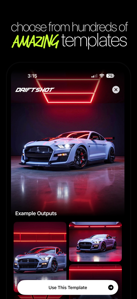 Driftshot - AI Car Designer - Driftshot app interface showing professional AI car photography templates and example outputs