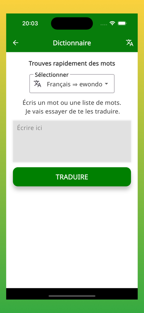 Bibala app dictionary interface for translating French to African languages like Ewondo