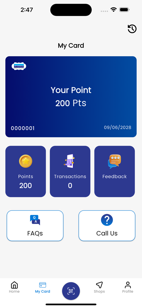 Digital membership card screen of the SP Bakery app showing reward points balance
