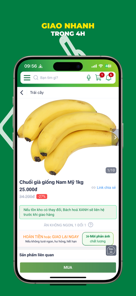 Página de produto do aplicativo de mantimentos Bách Hóa Xanh para bananas frescas