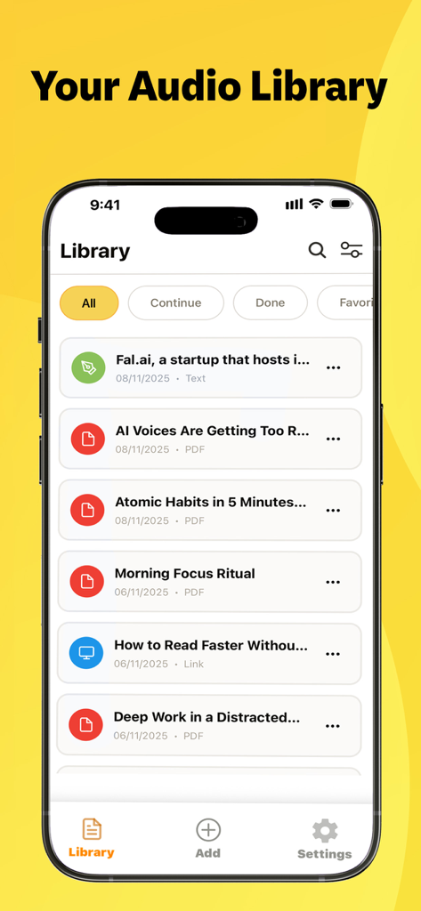 AI Text to Speech by Listenify - Aplicación móvil Listenify que muestra la pantalla de la biblioteca de audio con una lista de documentos y artículos guardados listos para la reproducción de texto a voz