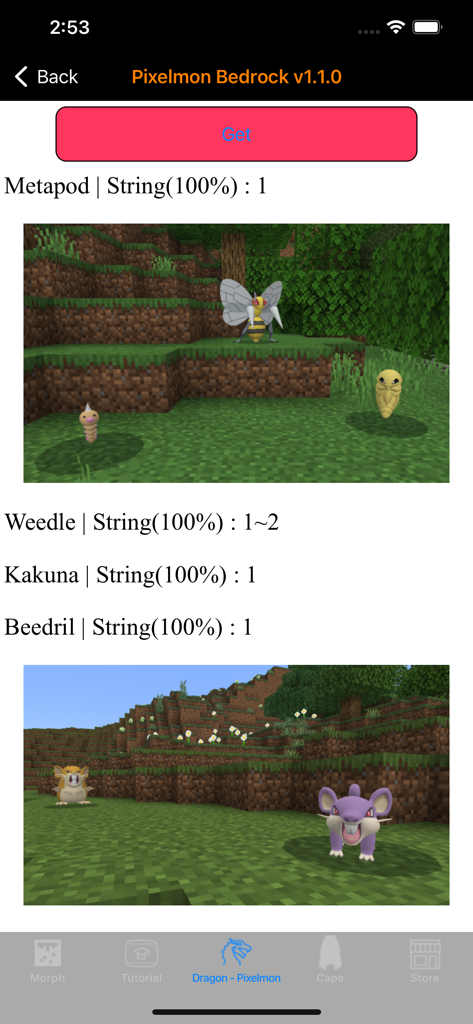 Morph mods for Minecraft - Screenshot of the Pixelmon mod in Minecraft showing Pokemon characters in a blocky landscape