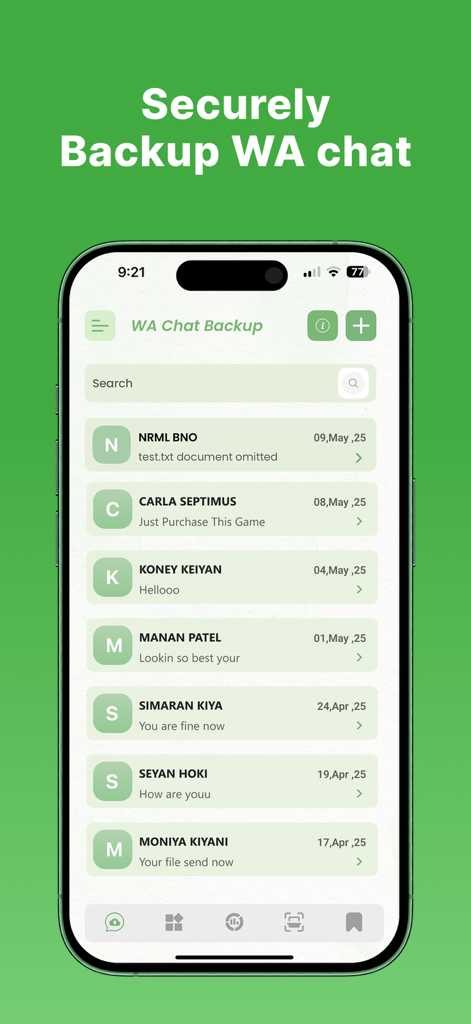 Pantalla de smartphone mostrando la interfaz de WA Chat Backup con una lista de conversaciones guardadas y nombres de contactos