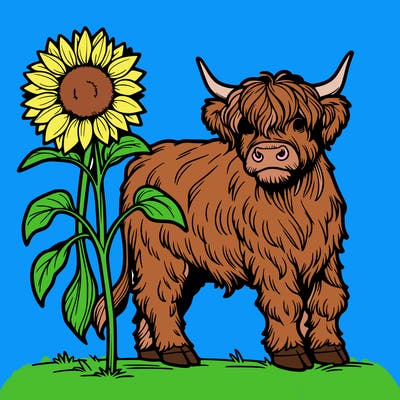 a highland cow with sunflower
