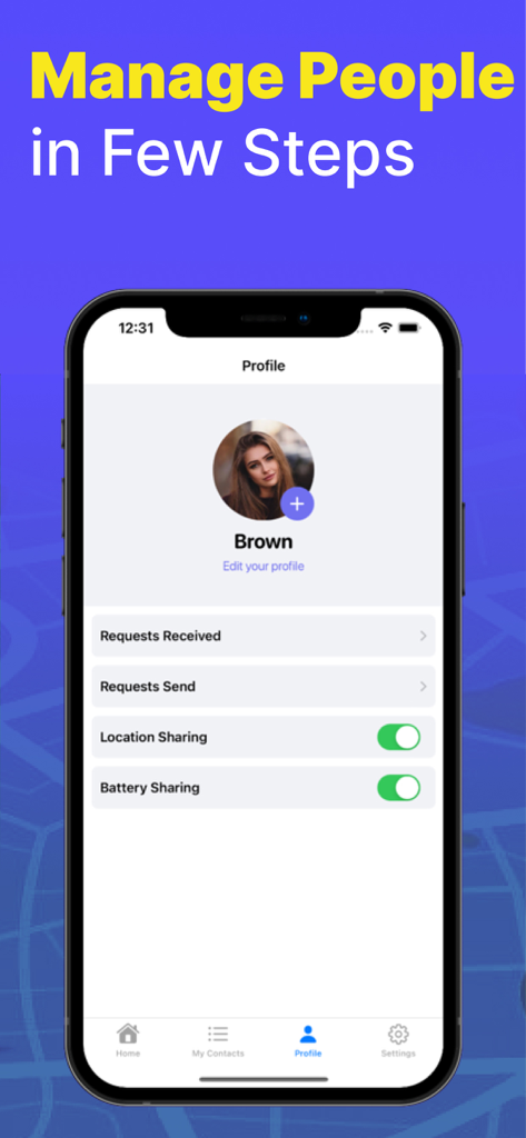 Phone Location Tracker app profile screen showing location and battery sharing settings