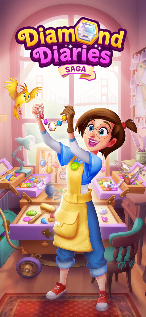 Diamond Diaries Saga - Una mujer sosteniendo un collar colorido en un taller de joyería con un pájaro amarillo y cajas de gemas