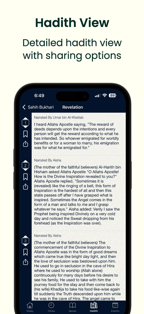 The Hadith view screen showing Sahih Bukhari narrations with bookmarking and sharing options in a modern interface
