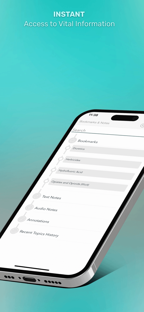 5 Minute Veterinary - 5分間獣医毒物学アプリのブックマークとノートのインターフェースを示すスマートフォンの画面。