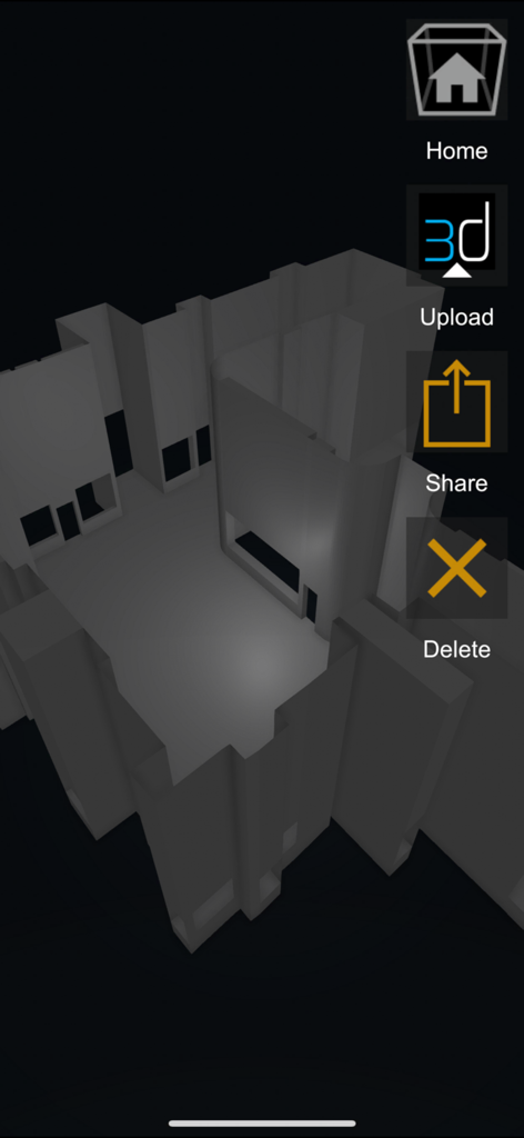 업로드 및 공유 옵션이 있는 A3d Scanner 앱의 스캔된 공간의 회색 3D 모델.