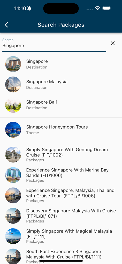 Flamingo Travels - A list of Singapore tour packages and themes in the Flamingo Travels app search.