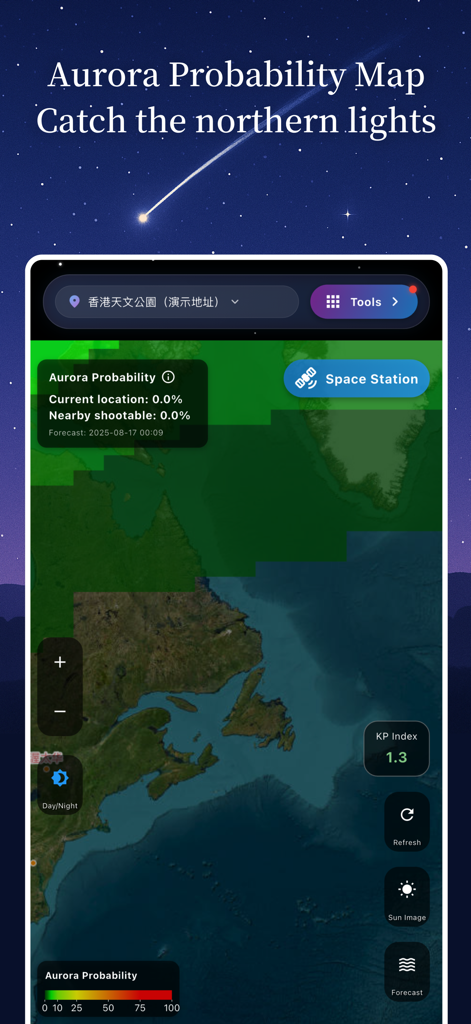 Stargazing Hub - Sky Live - Mapa de probabilidade de aurora no aplicativo Hub de Observação Estelar mostrando previsões de aurora boreal e dados do índice KP.