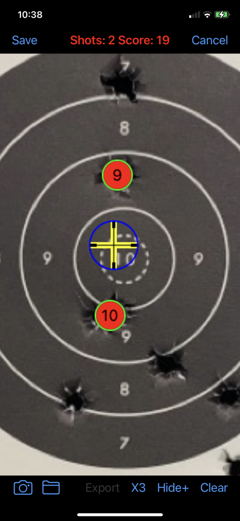 Scoring a shooting target in the app showing shots and average point of impact