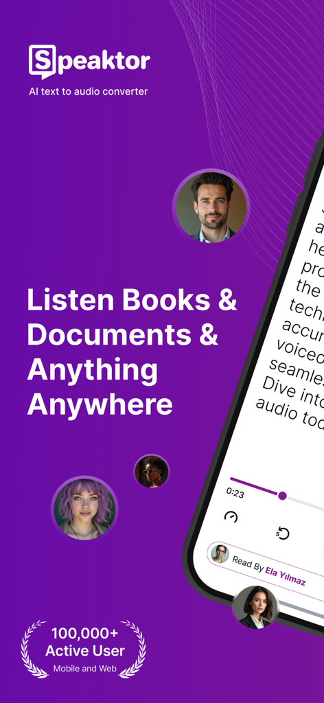 Interfaz de la aplicación Speaktor que muestra la función de texto a voz para libros y documentos con fondo morado y avatares de usuario