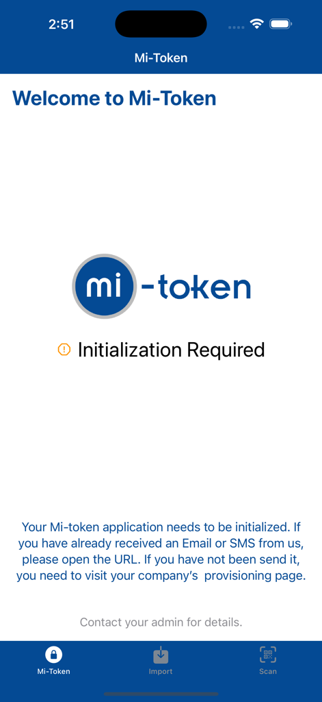 Welcome and initialization screen for Mi-Token Authenticator app
