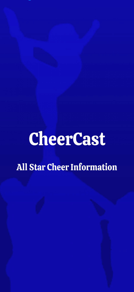 CheerCast - CheerCast app welcome screen with cheerleader silhouettes and All Star Cheer Information text