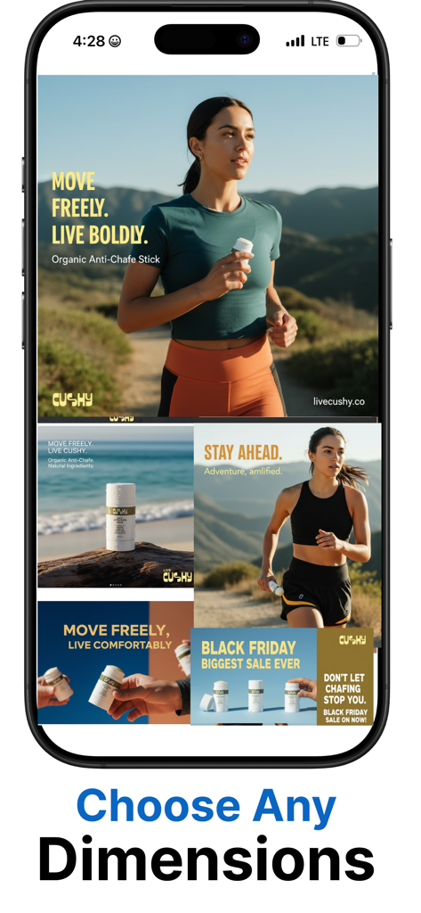 Mobile App-Oberfläche, die professionelle Anzeigenvarianten in verschiedenen Social-Media-Dimensionen für ein Produkt anzeigt