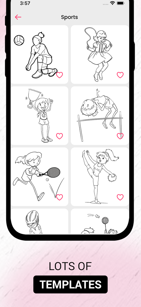 Pantalla de la aplicación AR Drawing que muestra una variedad de plantillas de arte lineal con temática deportiva para calcar y dibujar.
