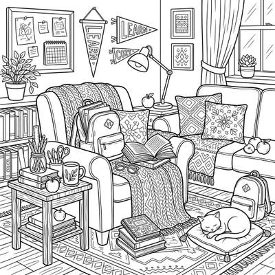 Welcome back to school with this delightful coloring page featuring a cozy home setting filled with learning essentials. Kids will love bringing this comforting scene of books, backpacks, and a sleeping cat to life.