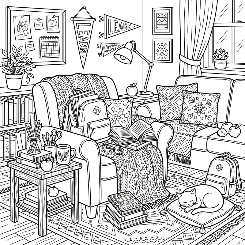 Welcome back to school with this delightful coloring page featuring a cozy home setting filled with learning essentials. Kids will love bringing this comforting scene of books, backpacks, and a sleeping cat to life.
