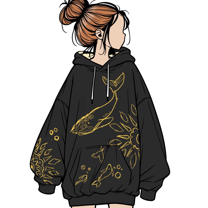 realistic girl with a oversized sweatshirt on and a bun