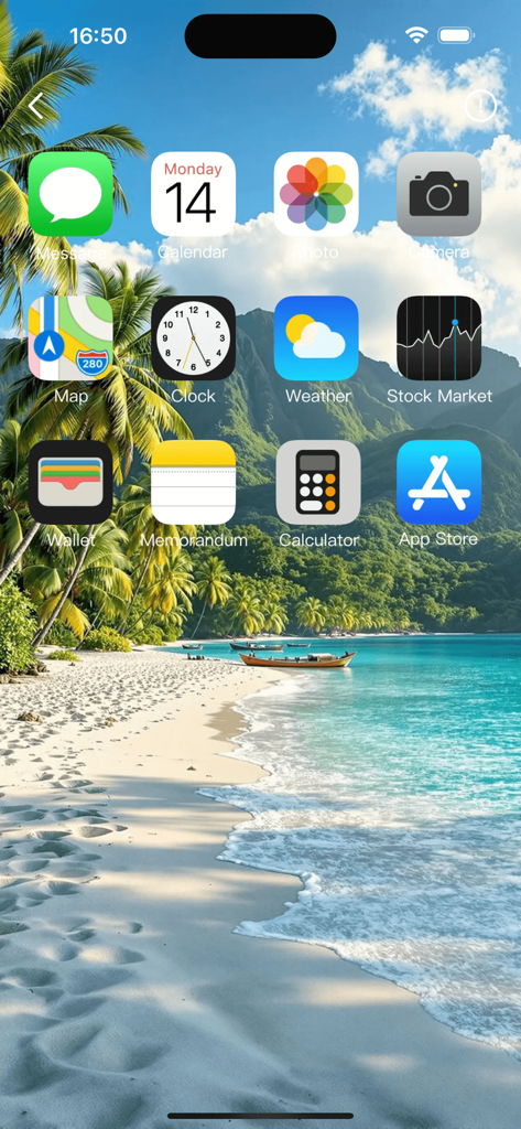 An iPhone home screen featuring a tropical beach wallpaper with palm trees and white sand from the Wallify app