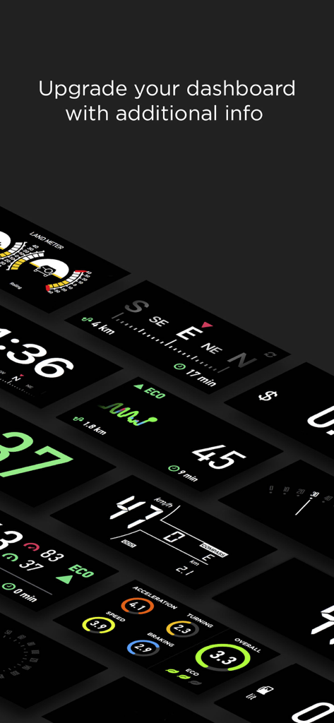 A collection of digital automotive widgets for speed navigation and driving metrics