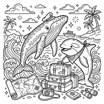 Embark on a delightful journey with our Whales on Vacation coloring page, where a grand whale and a cheerful orca are ready for an exciting travel adventure. This charming illustration features all the fun elements of a seaside holiday, perfect for igniting your creativity.